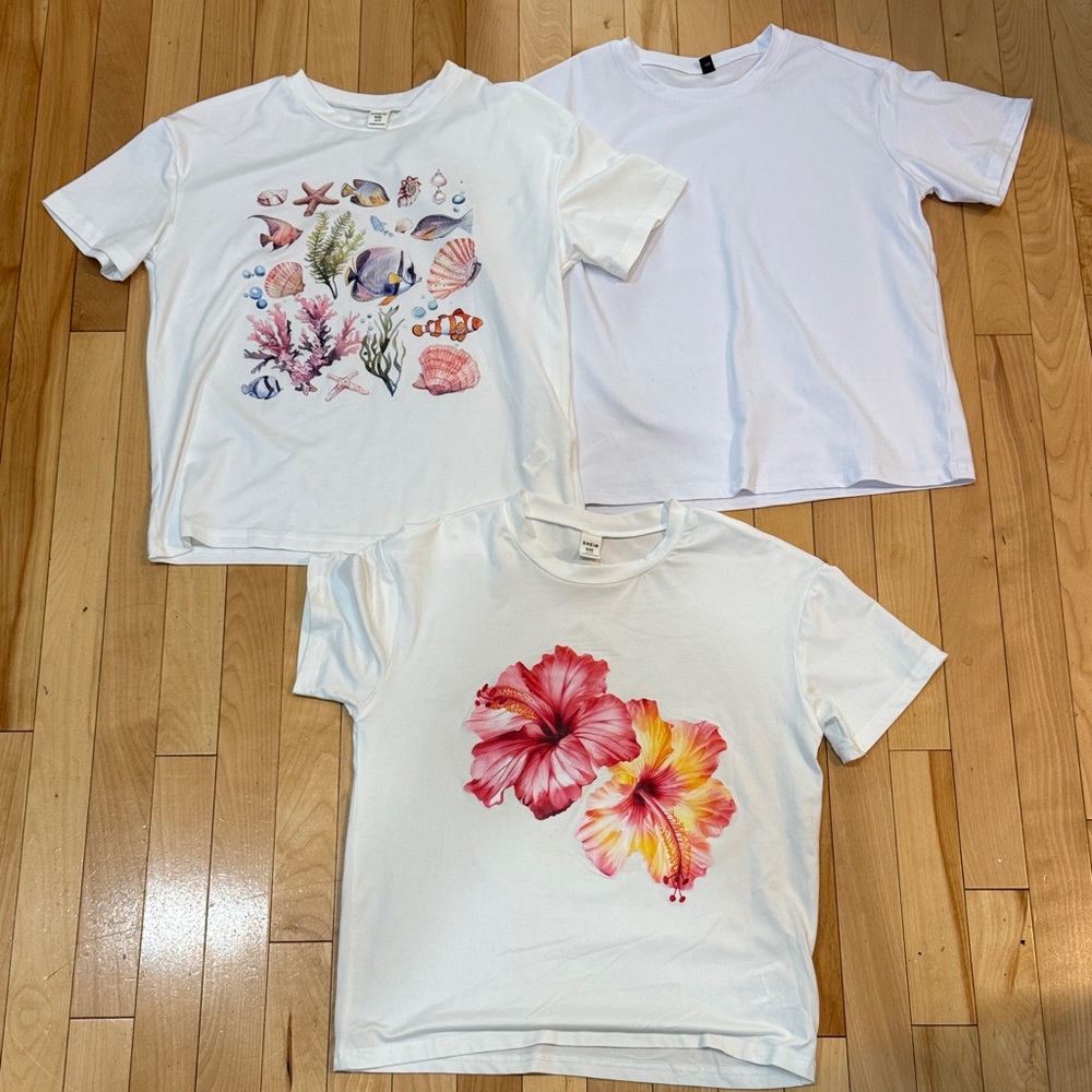 SHEIN NEW Kids White T-Shirts with Floral and Sea Life Designs SIZE 11Y